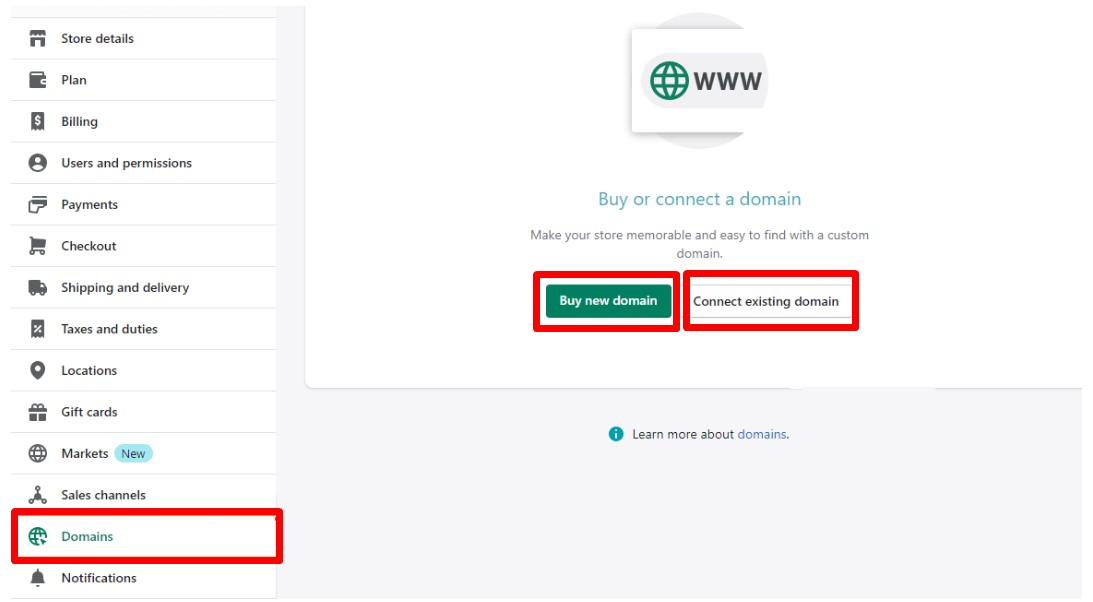 Click Connect existing domain and enter your custom domain.